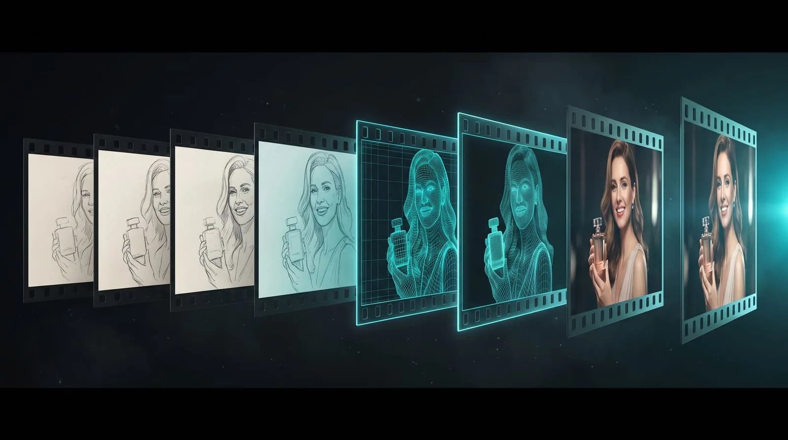 Eskizden final kareye evrilen film şeridi — AI reklam filmi süreci