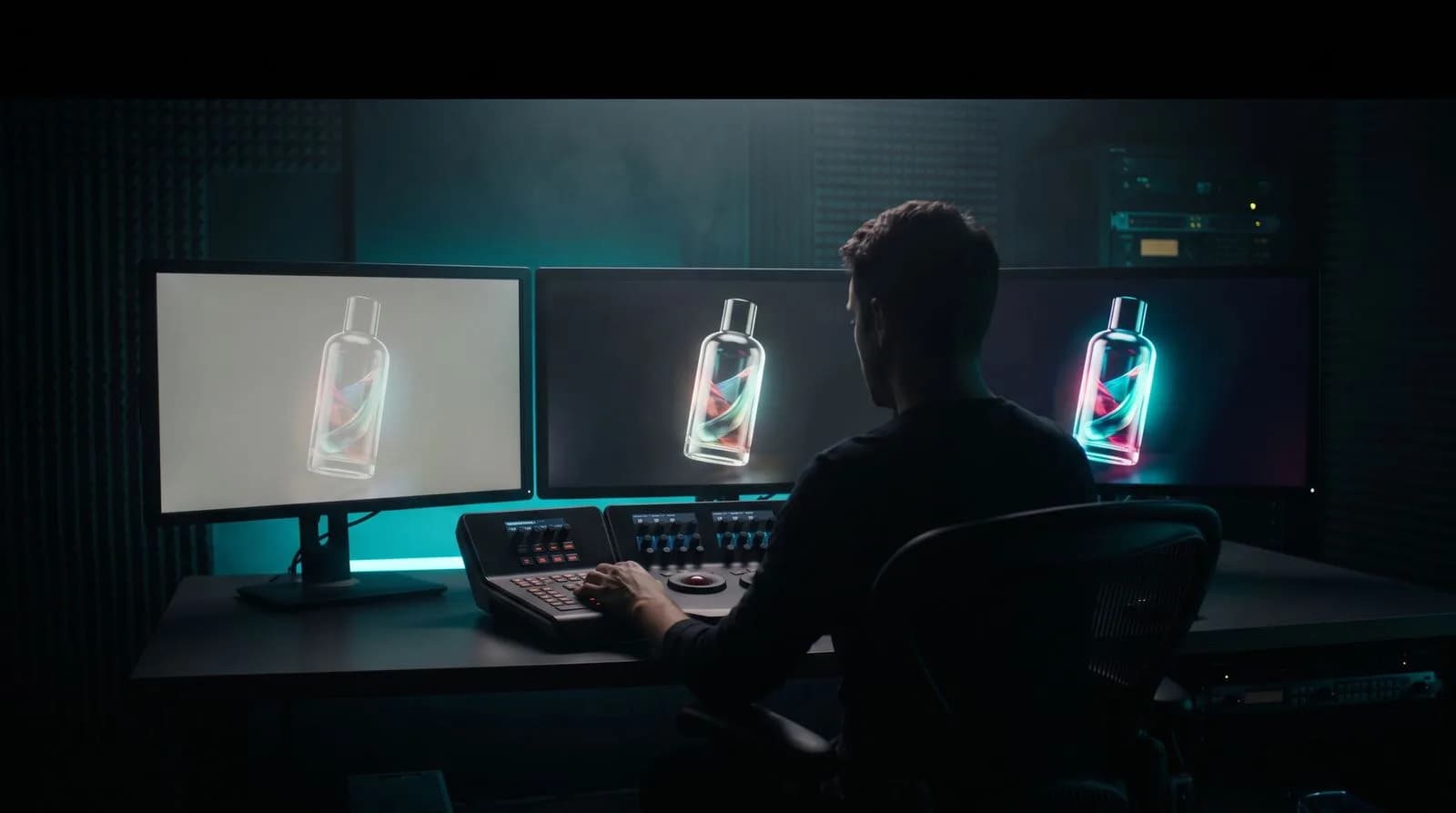 Üç monitörlü renk düzenleme odası — creative director'lar için CGI teslim süreci