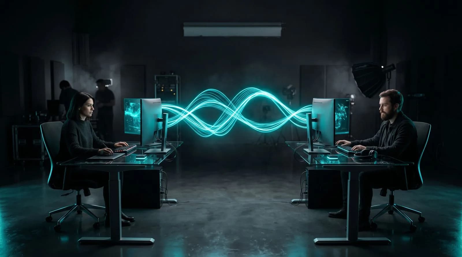 Ribbon of cyan light connecting two team desks — CGI collaboration for agencies