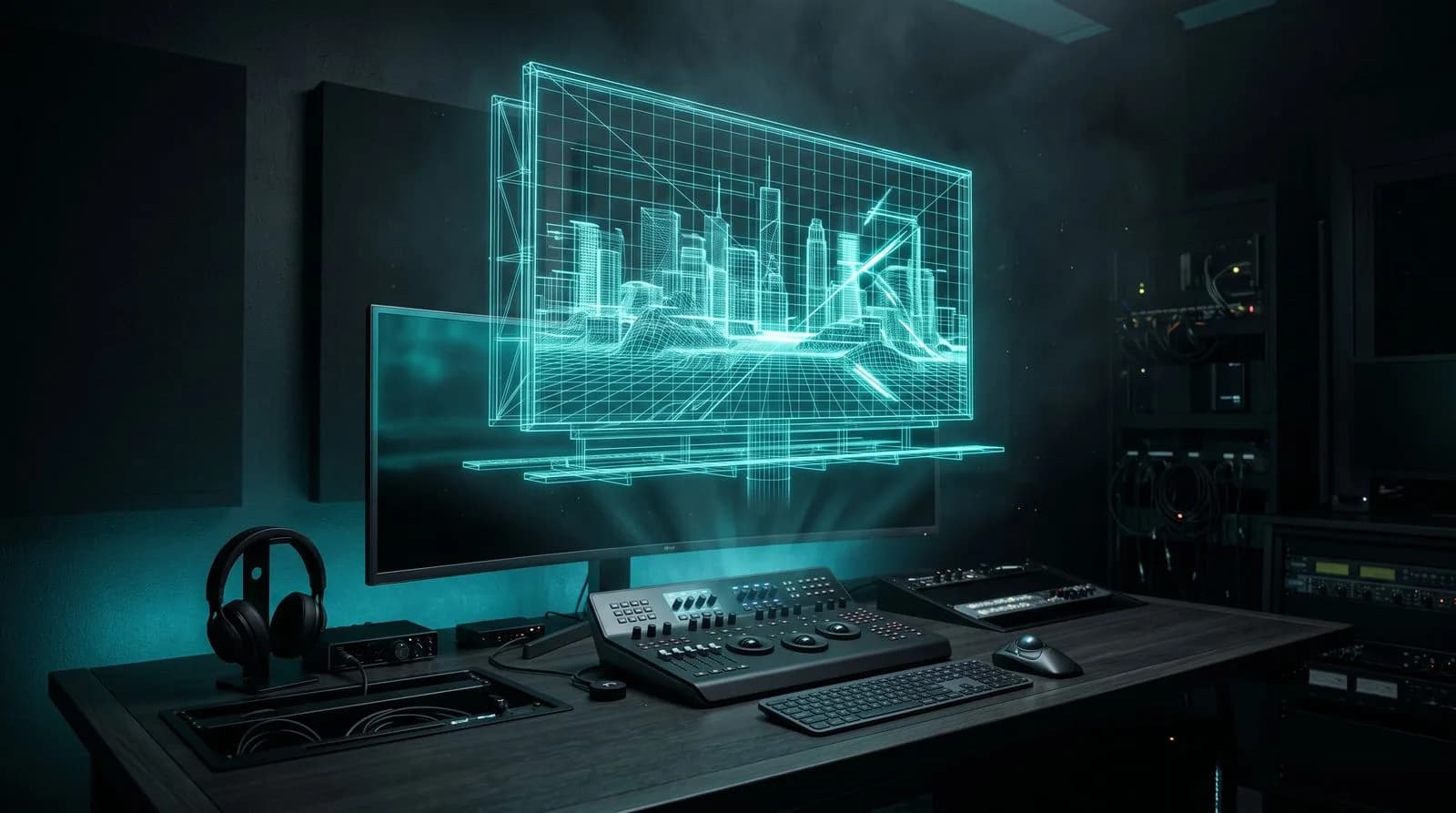 Hologram of a city billboard in a dark studio — choosing a CGI and FOOH agency