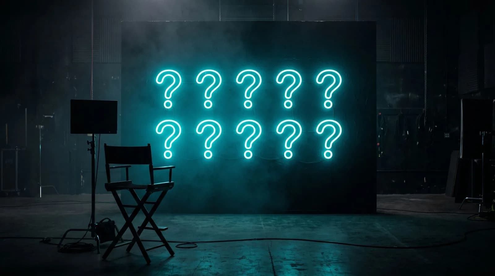 Stüdyo duvarında on neon soru işareti — reklam filmi öncesi 10 soru