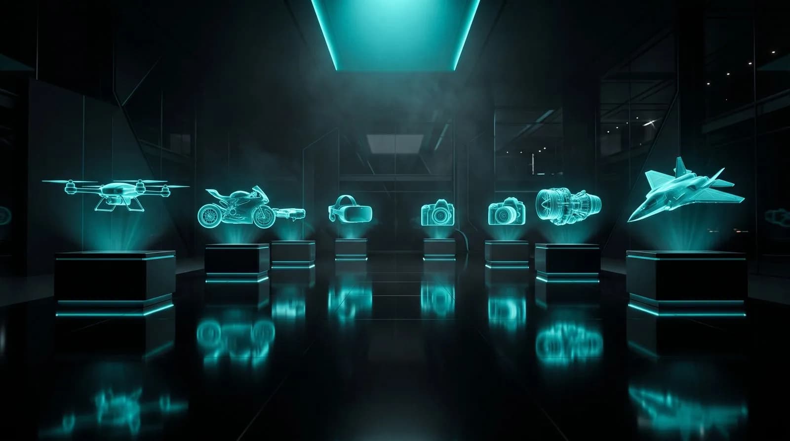 Dark showroom of holographic products — hybrid production with film, CGI and AI