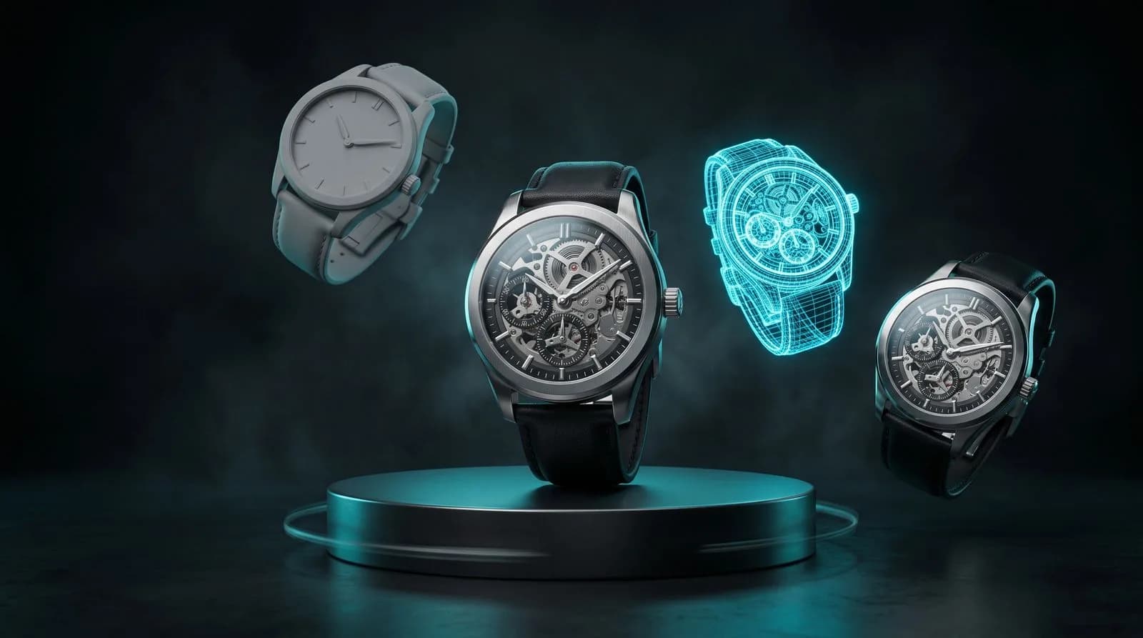 Watch shown as clay, wireframe and final render — how a CGI product film gets made