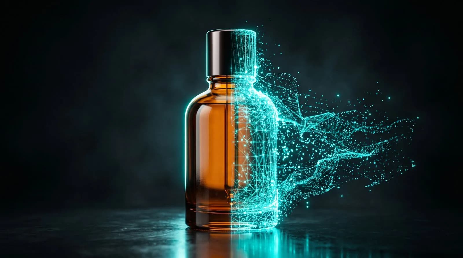 Cosmetic bottle dissolving into cyan particles — AI product visuals guide