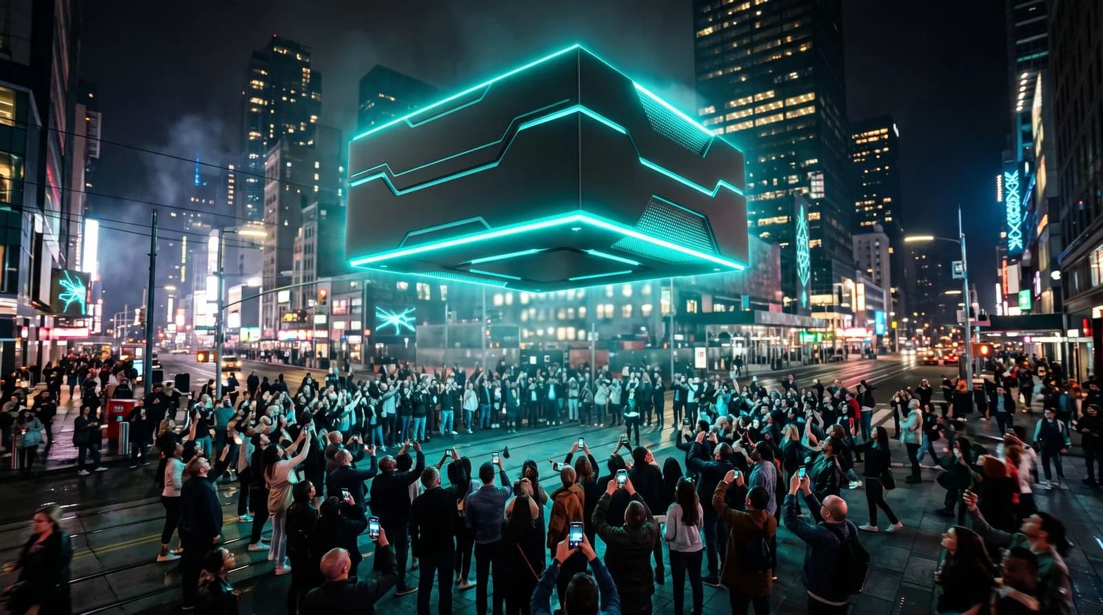Giant product box floating over a square, people filming — what is FOOH