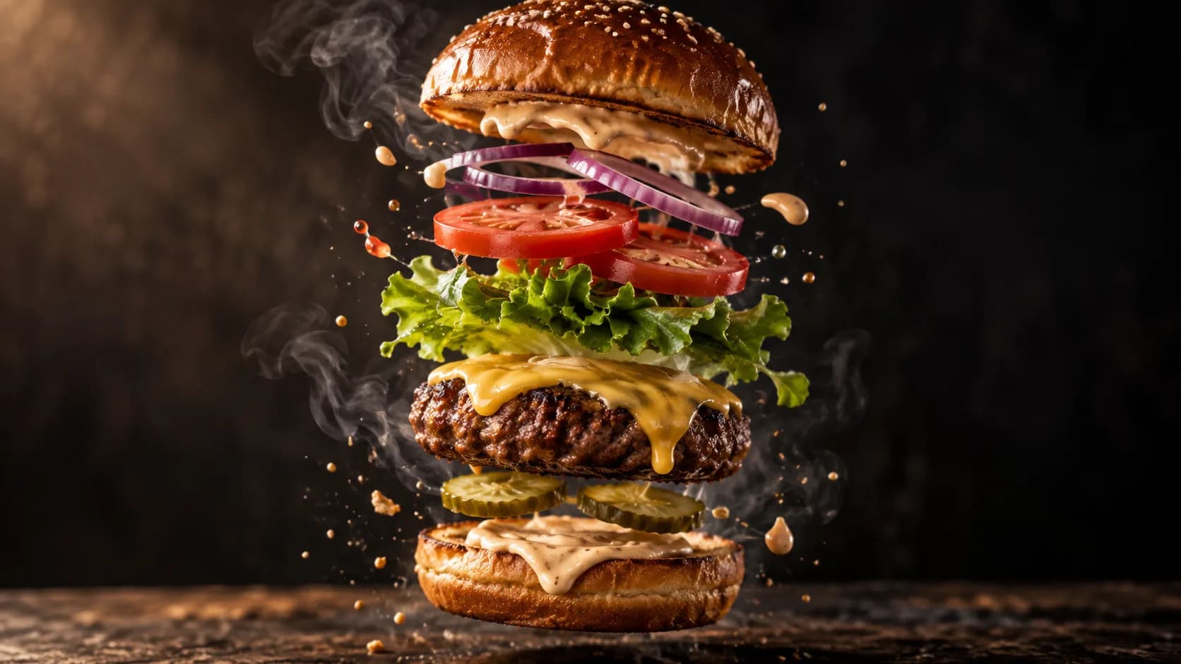 Illustrative image: a steaming burger with its layers separating in mid-air