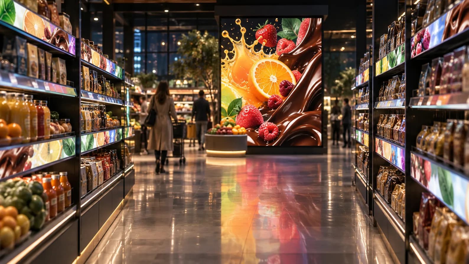 Illustrative image: colourful product videos playing on shelf screens in a supermarket aisle at night