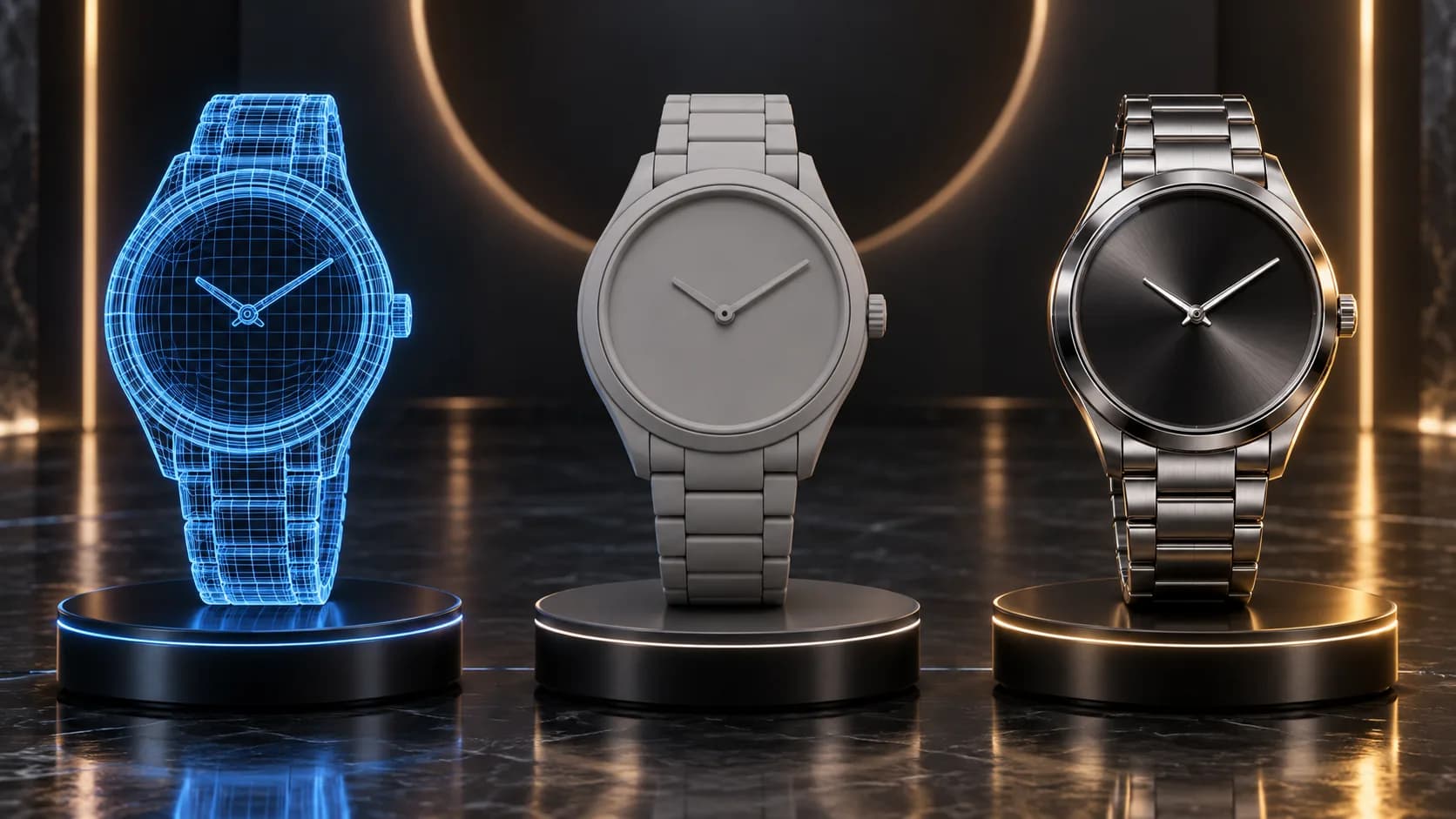 Illustrative image: the same wristwatch shown side by side as a wireframe, a clay render and a final render