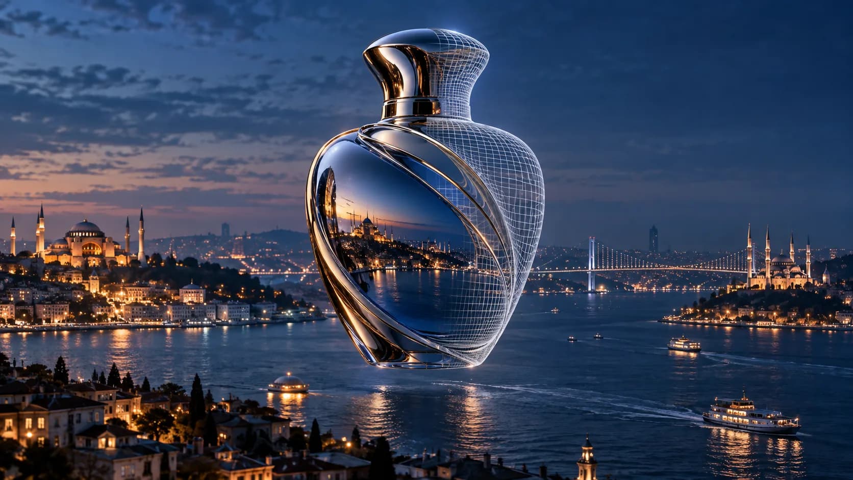 Illustrative image: a giant glass bottle over Istanbul's Bosphorus, half final render and half 3D wireframe