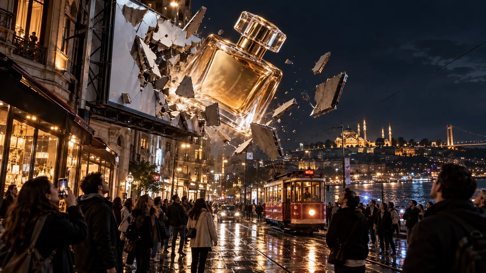 Illustrative image: a giant perfume bottle breaking out of a billboard on an Istanbul street at night as a crowd watches