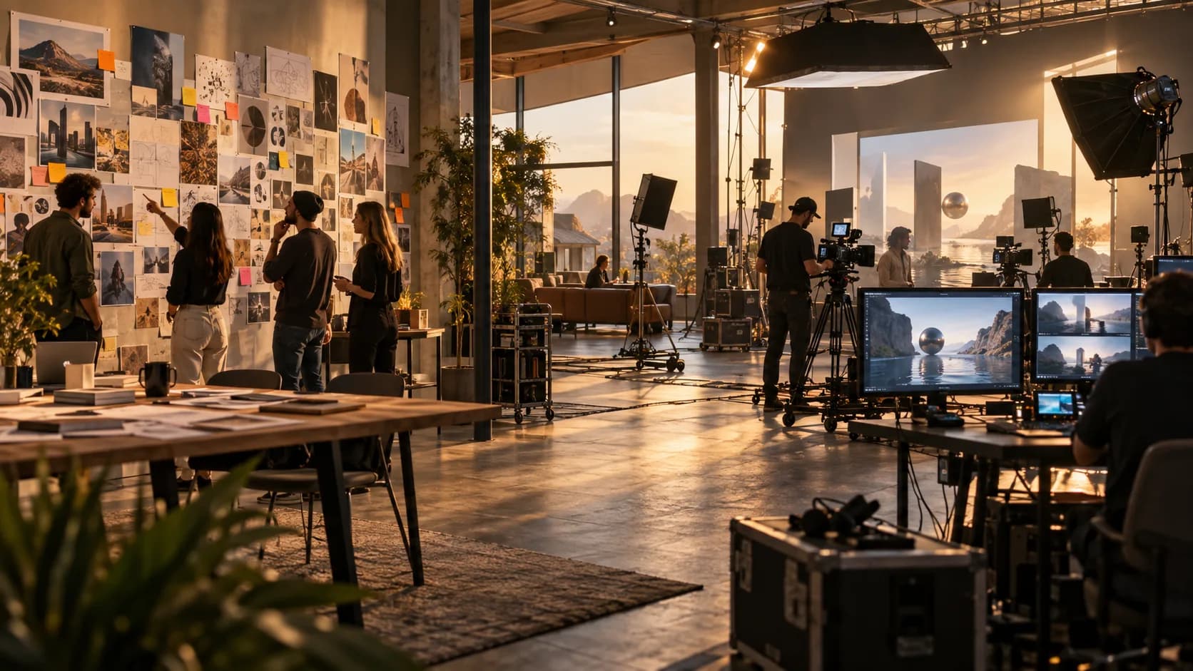 Illustrative image: an agency team talking at an idea wall on one side and a production studio with cameras and monitors on the other