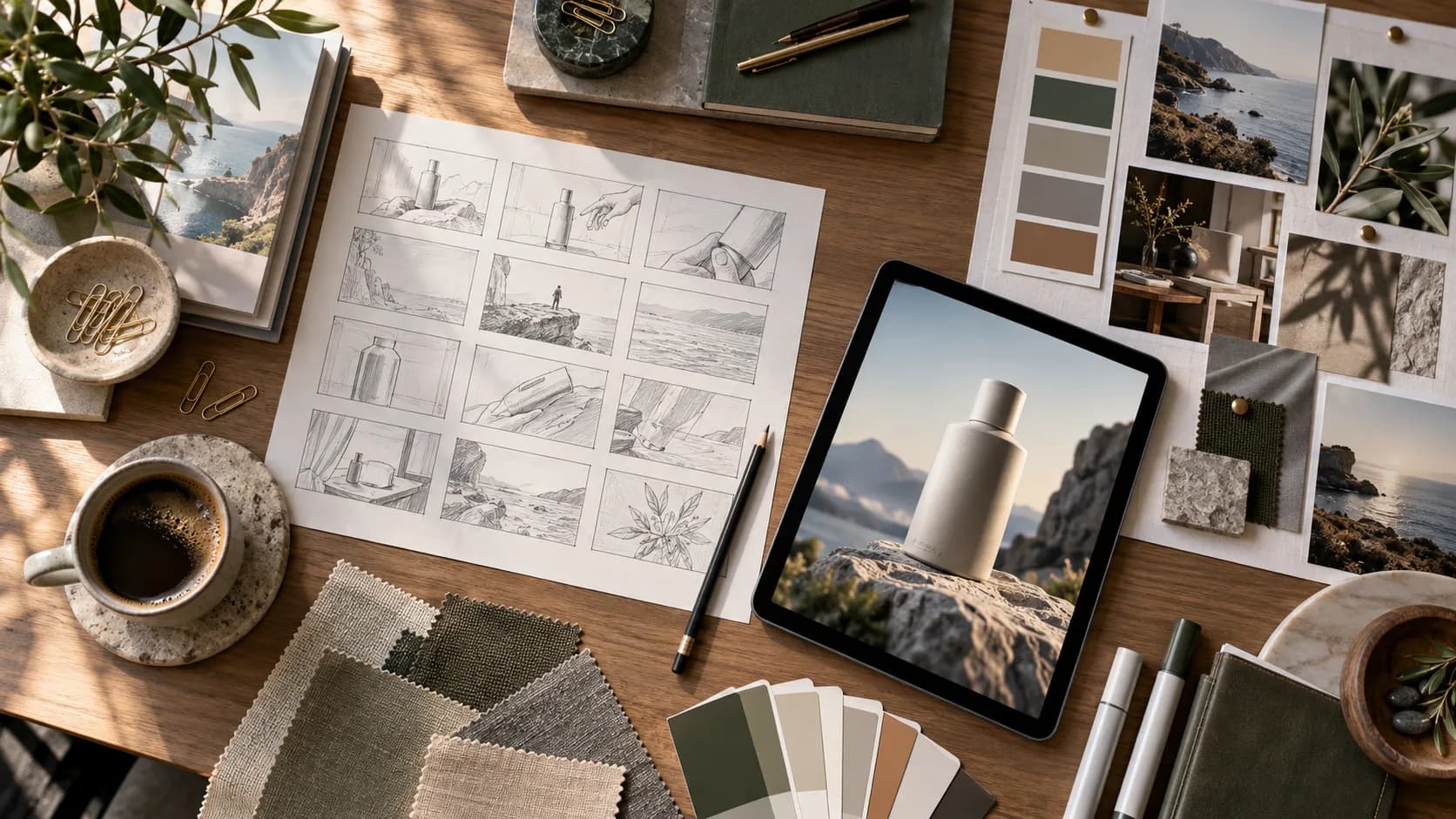 Temsili görsel: storyboard eskizleri, renk kartelaları, mood board ve 3D ürün görseli açık bir tablet bulunan çalışma masası