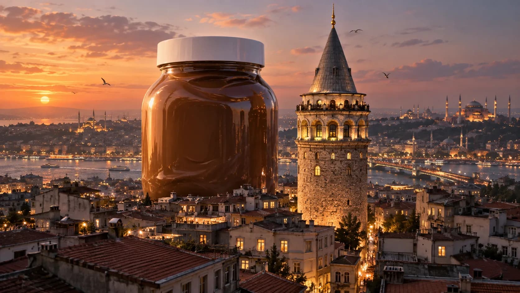 Illustrative image: a giant jar of cocoa hazelnut spread rising beside Galata Tower at sunset