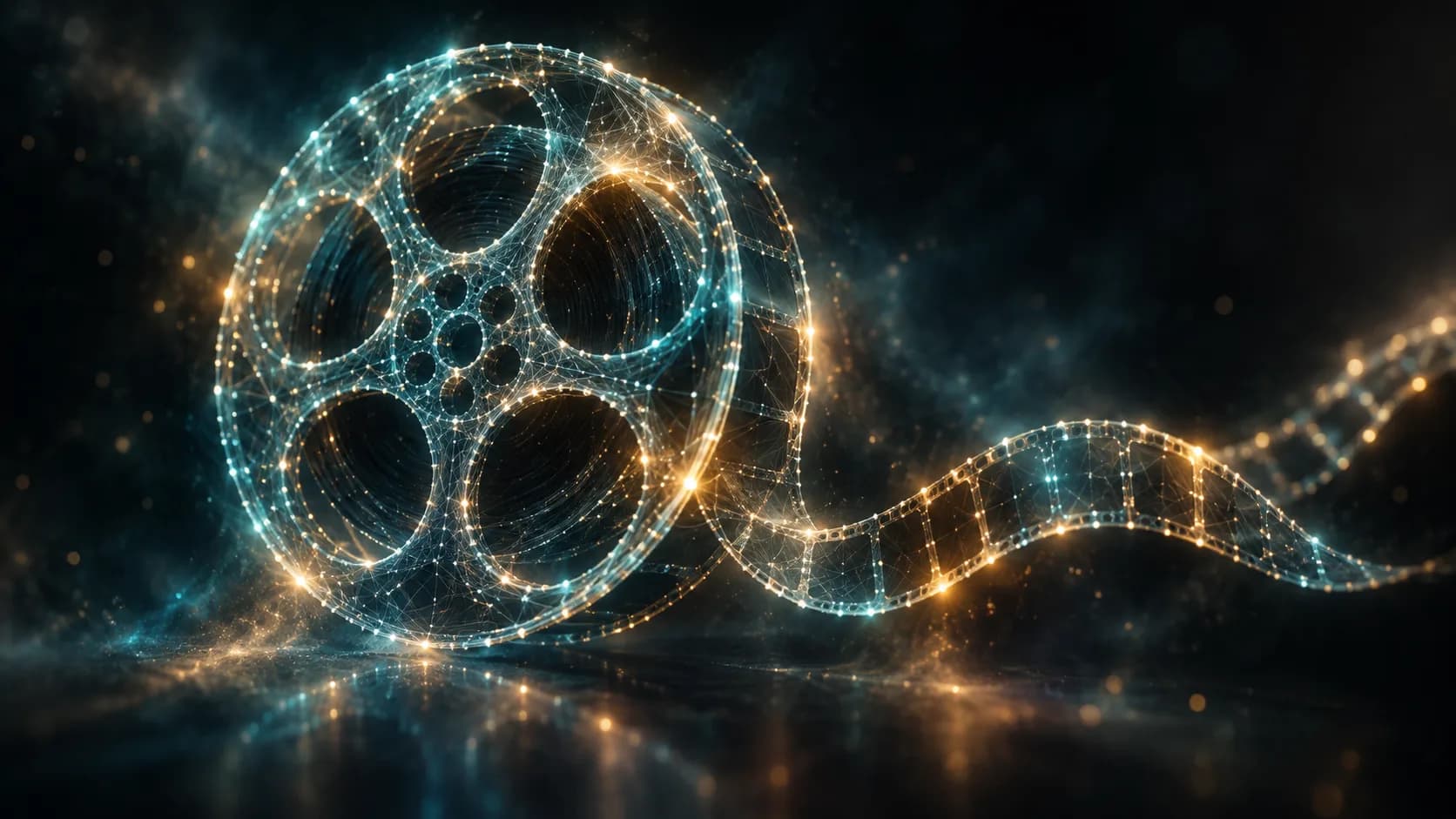 Illustrative image: a glowing film reel and film strip woven from networks of light