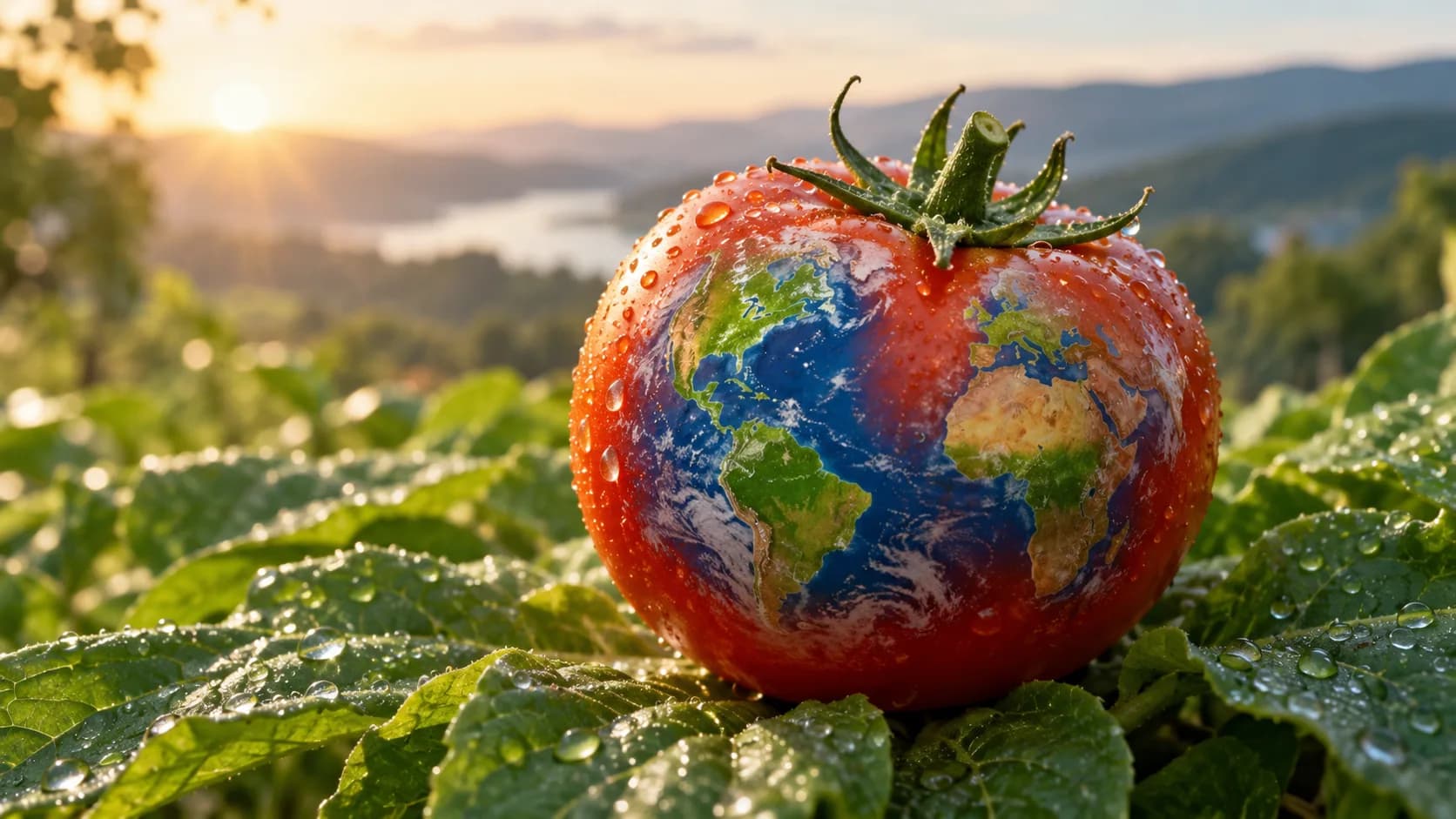 Illustrative image: a dew-covered tomato on green leaves with a map of the Earth on its skin