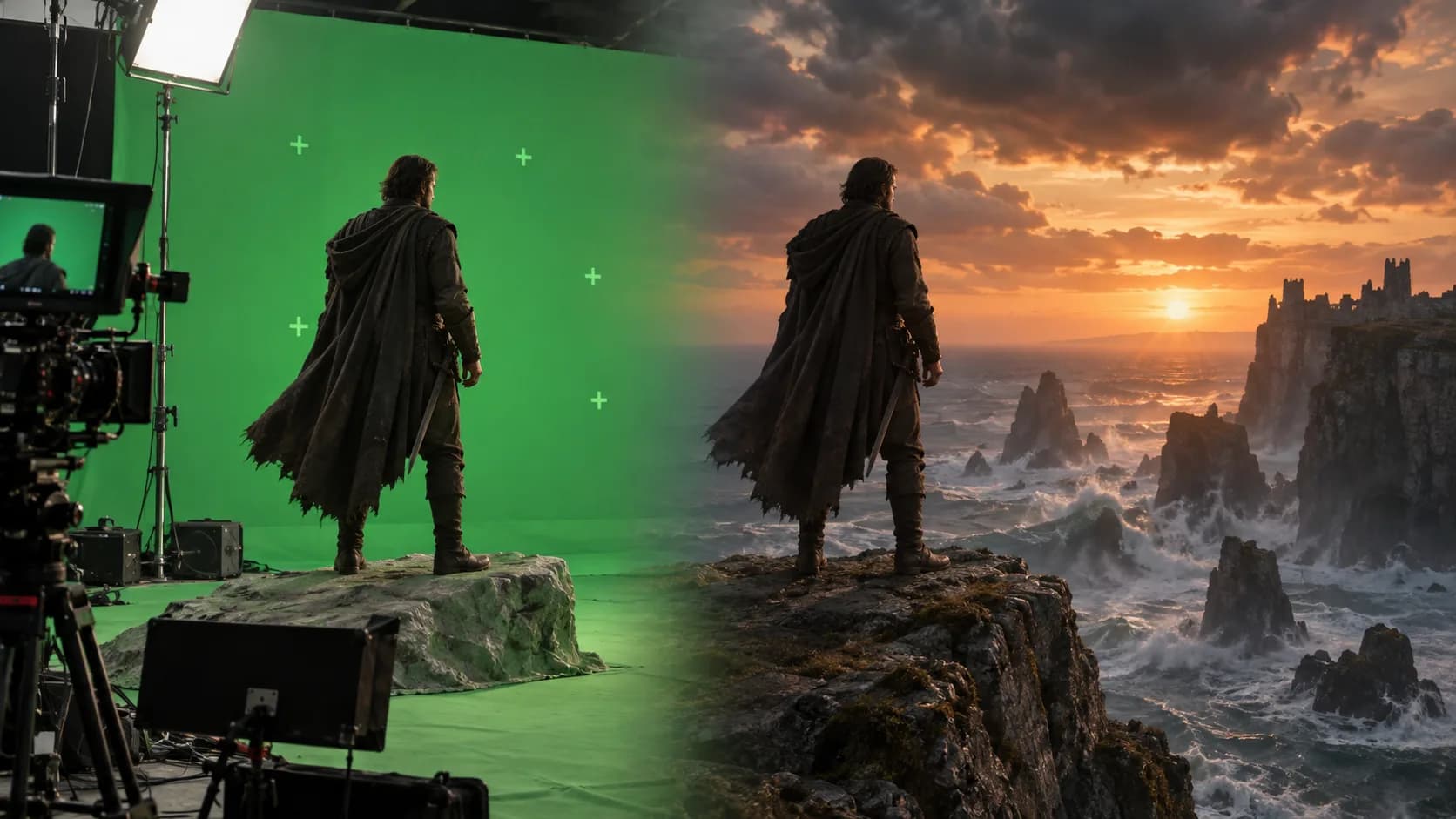 Illustrative image: an actor filmed on a green screen and the same shot composited onto a dramatic cliff coast