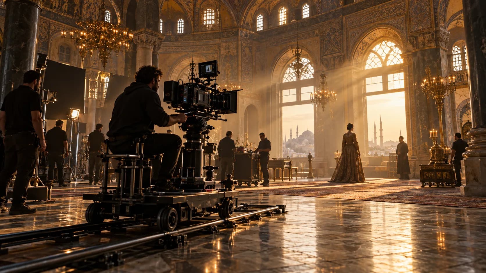 Temsili görsel: tarihi bir saray salonunda kamera dolly'si ve kostümlü oyuncularla kurulan film seti