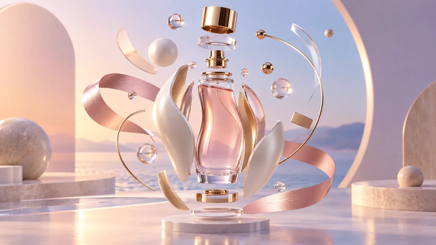 Illustrative image: a glass perfume bottle with its parts floating in a pastel scene
