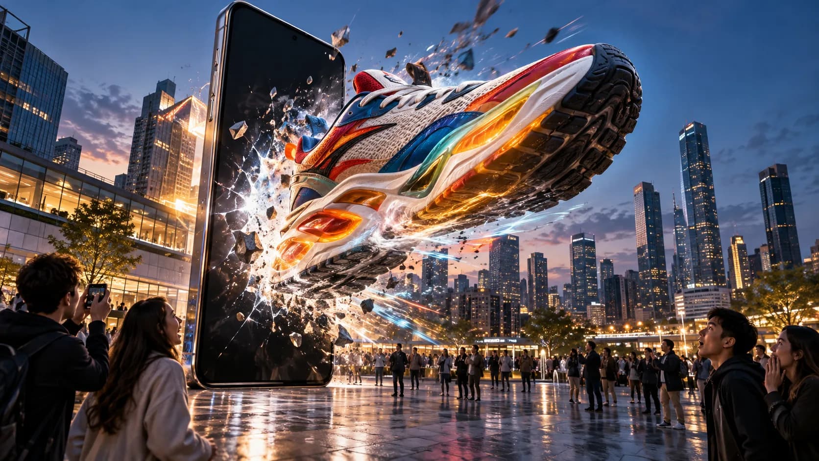 Illustrative image: a sneaker bursting out of a giant phone screen in a city square